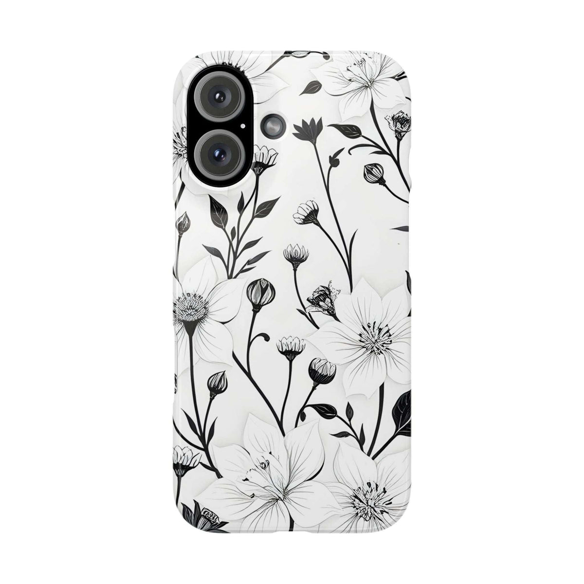 Monochrome floral phone case with black camera cutouts on a white background.