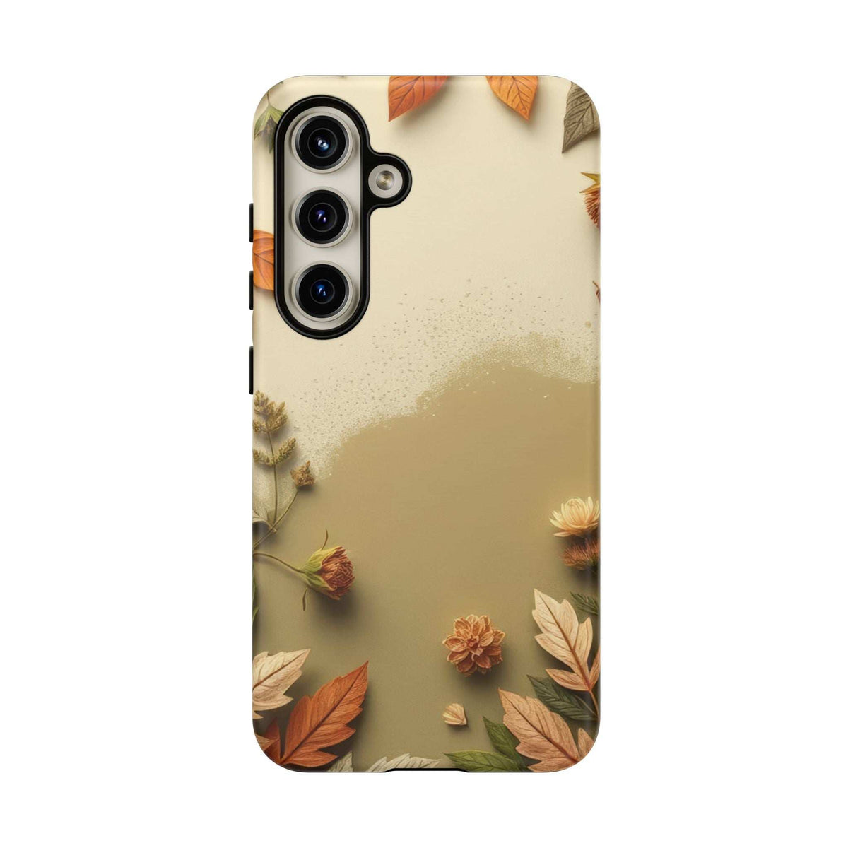 Phone case with beige autumn leaves and blossoms, back view with triple-lens camera