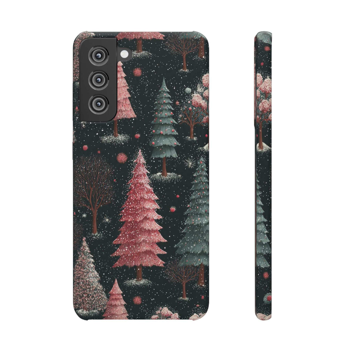 Glossy phone case back with camera cutouts; winter forest pine trees with snow speckles