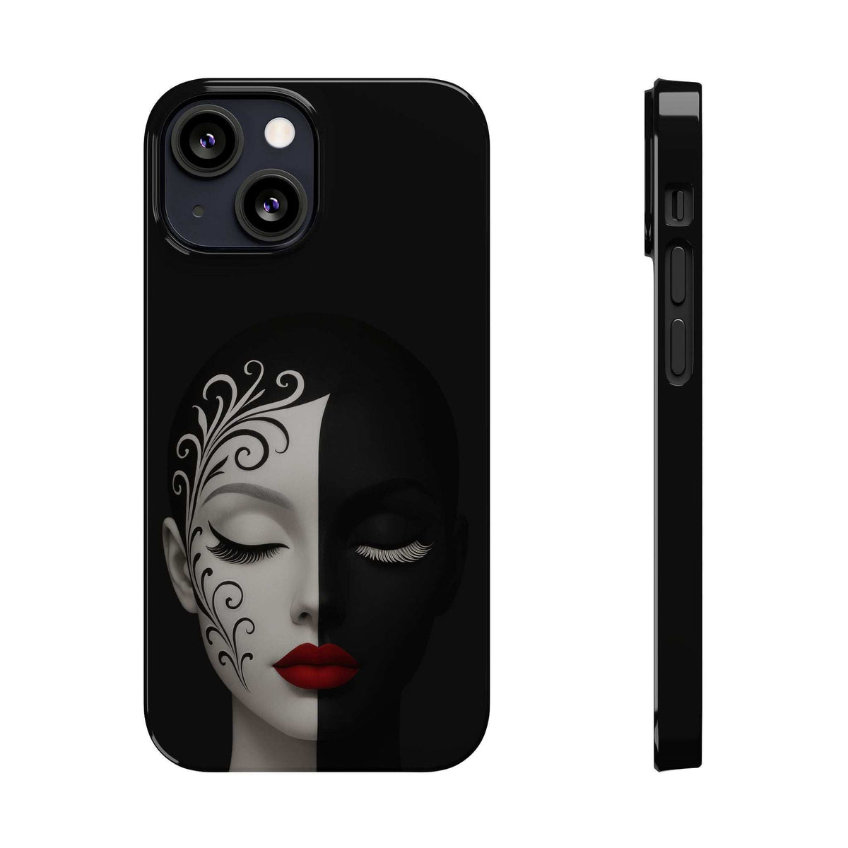 Black phone case with ornate woman face design, split shading, and camera cutouts