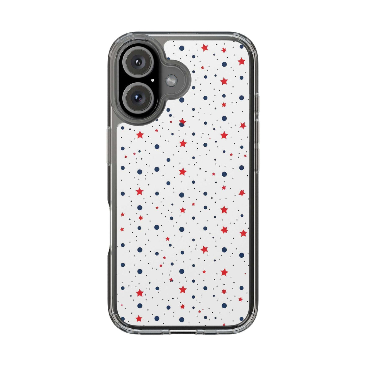 Clear phone case with white background, red stars and blue polka dots; camera cutouts