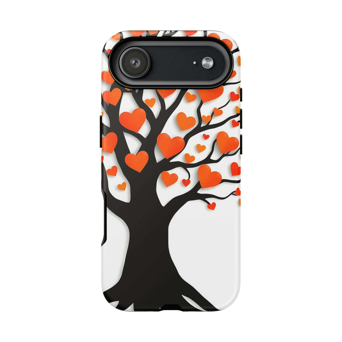 Heart tree phone case with orange hearts, white branches, and cutouts for dual cameras