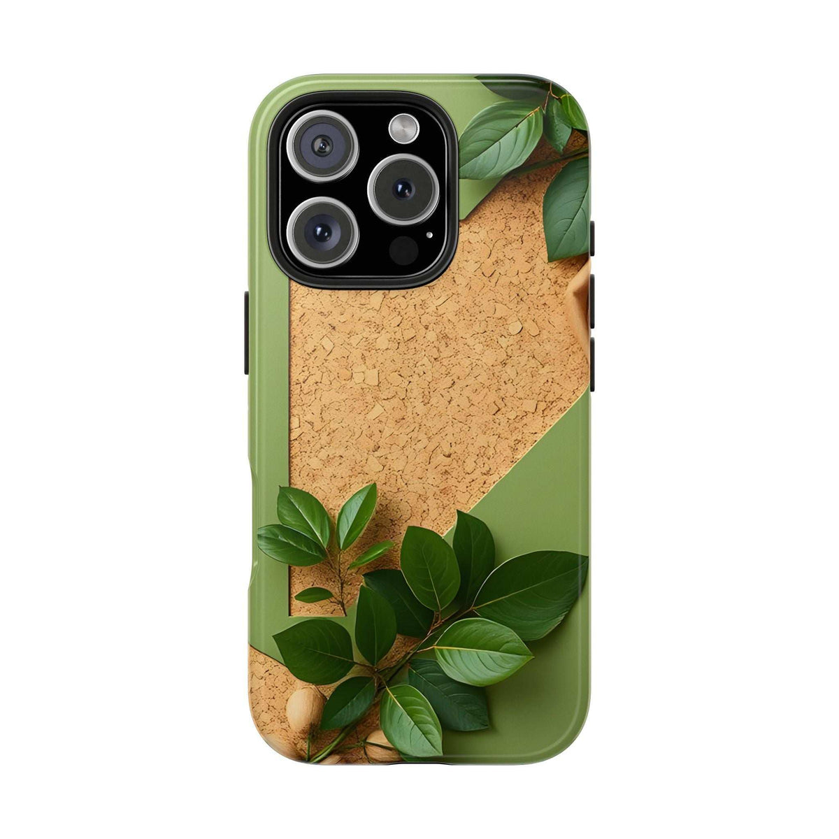 Olive green phone case with cork-look texture, leaf motif, and camera cutouts for lenses