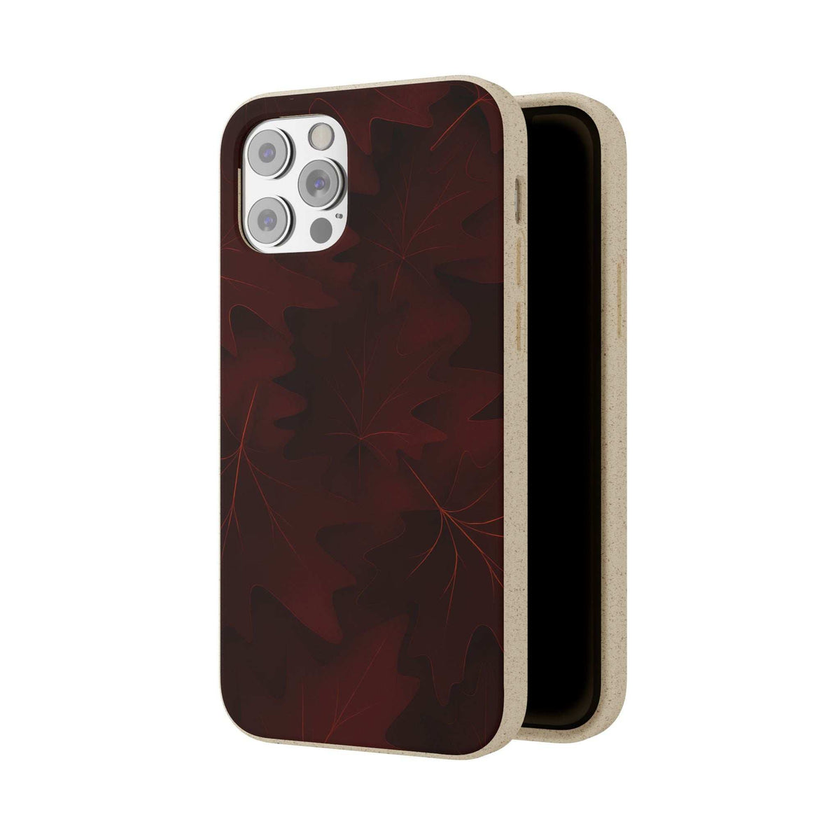Burgundy autumn leaf phone case with beige side edge and camera cutouts