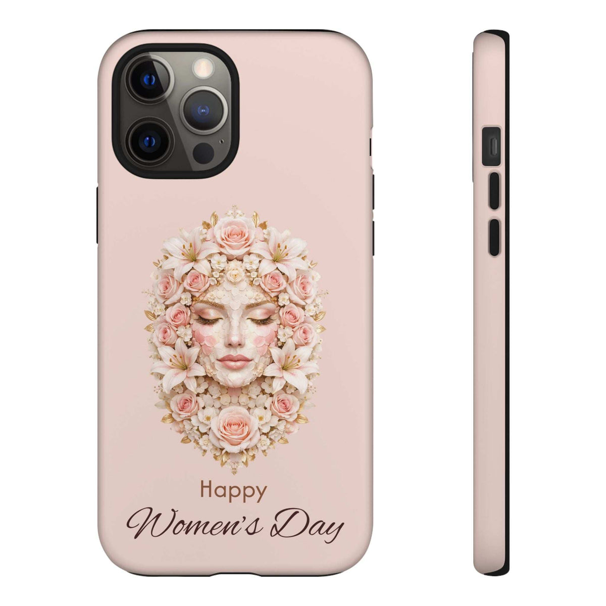She Blooms pink phone case with floral wreath woman face illustration and “Happy Women’s Day”; front and side