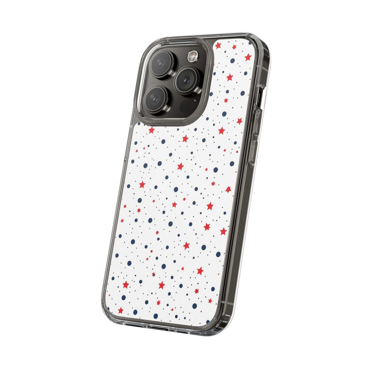 Clear phone case with star and dot pattern in red and blue on white, camera openings