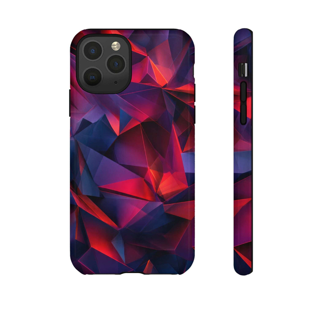 Glossy crystalline prism phone case front and side with port opening, red blue geometric design