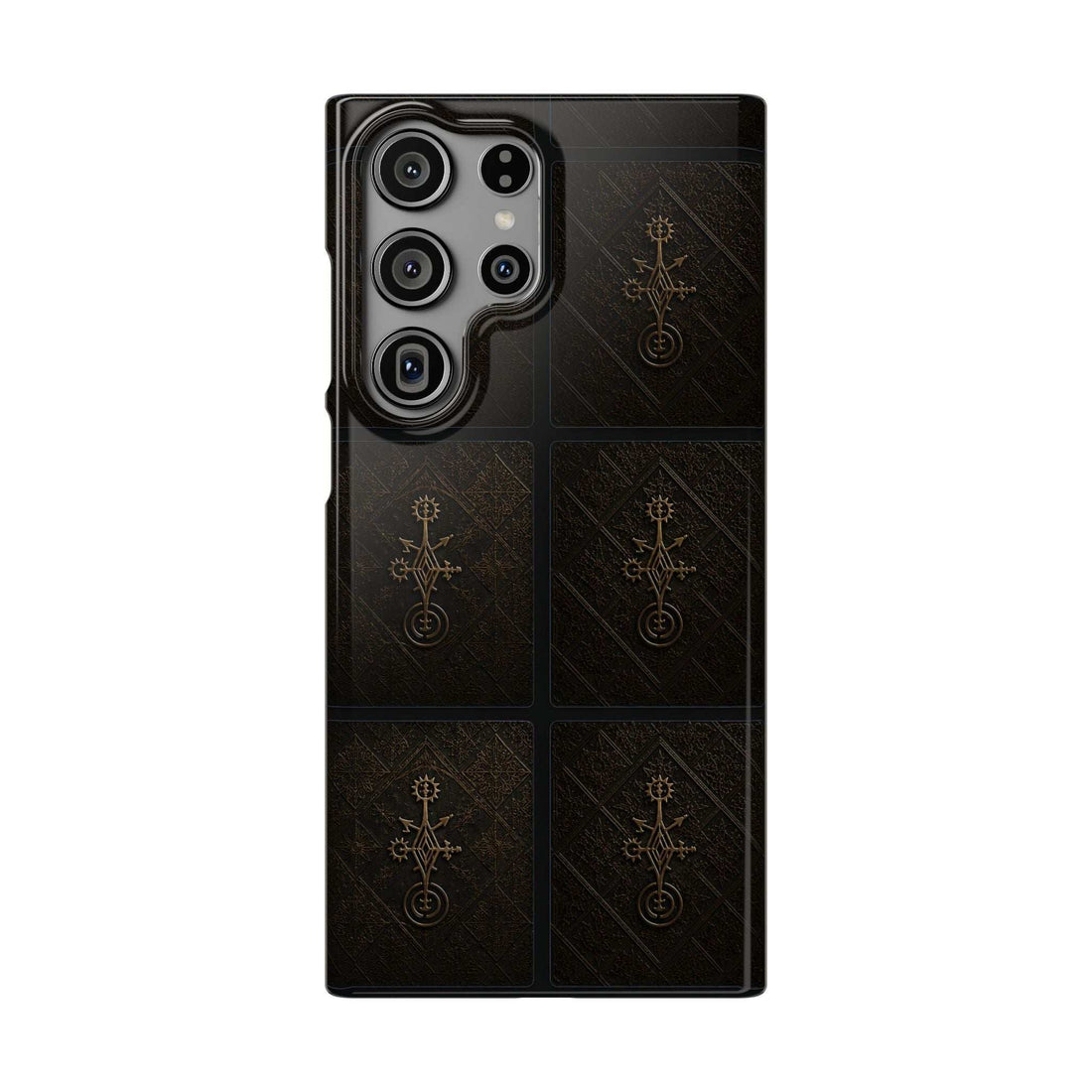 Glossy dark phone case with gold cosmic geometric pattern and camera cutouts