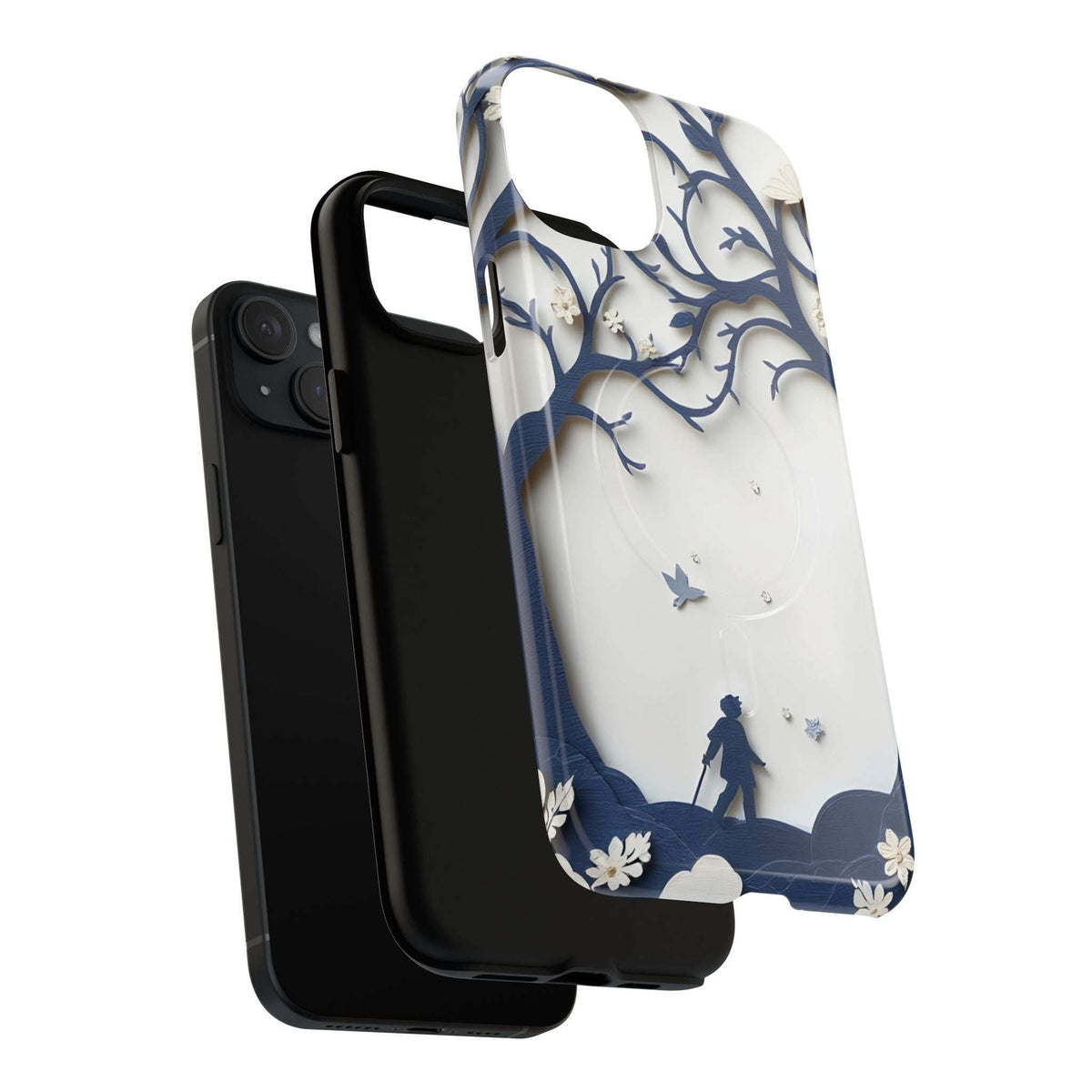 iPhone phone case with white-blue scene, silhouette figure standing in a forest