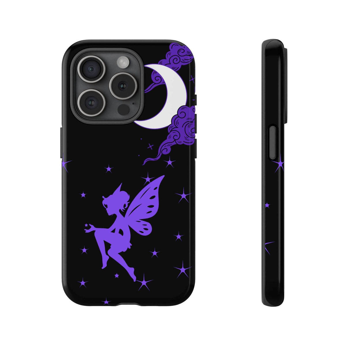 Black phone case with purple fairy, crescent moon, and stars; quad-lens camera cutout, side view.