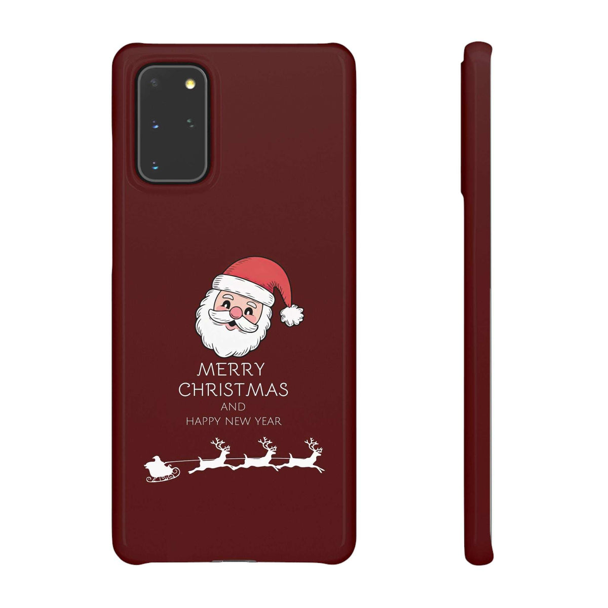 Maroon glossy phone case showing Santa artwork, camera cutout, and side profile