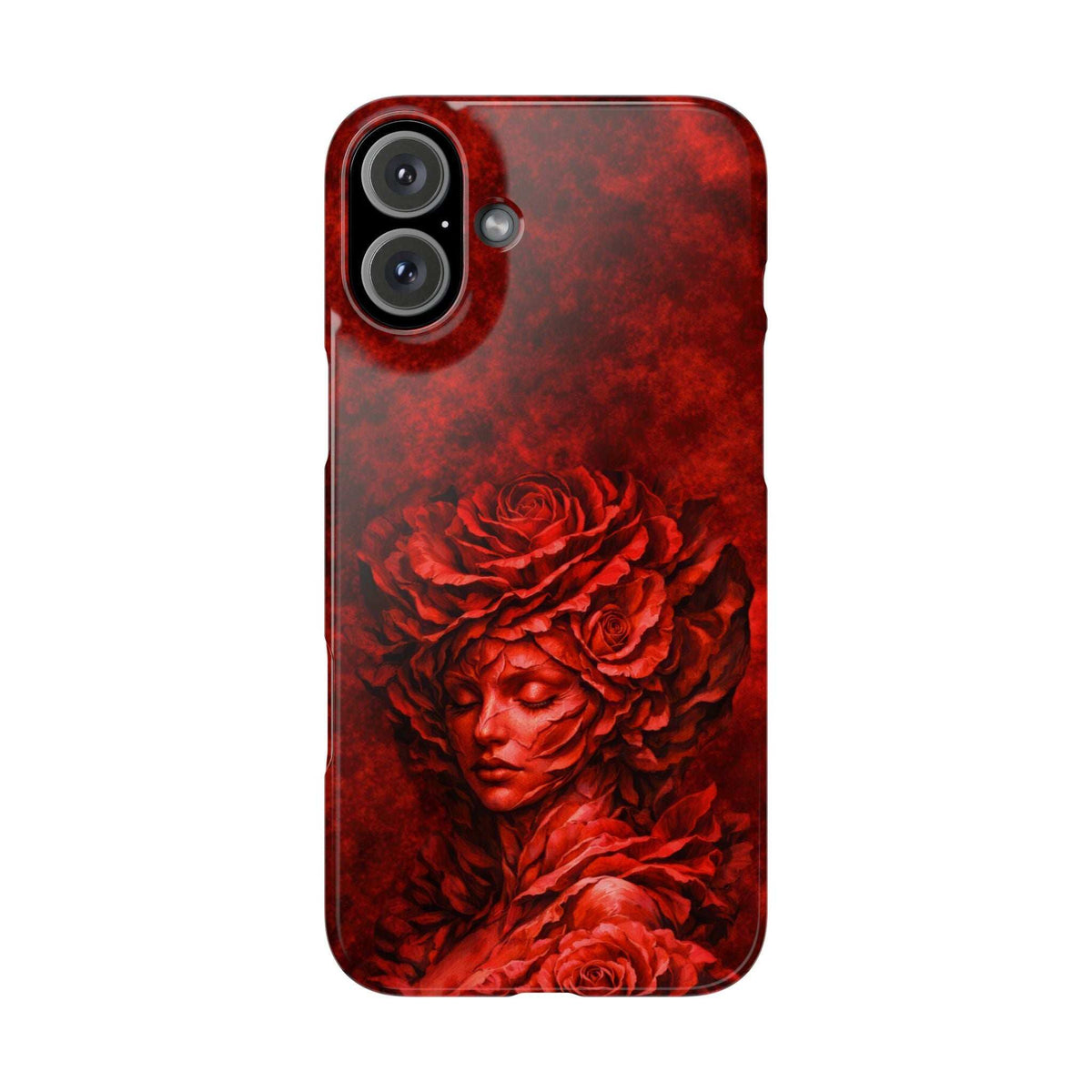 Slim red phone case featuring rose and angel-face design with camera cutout