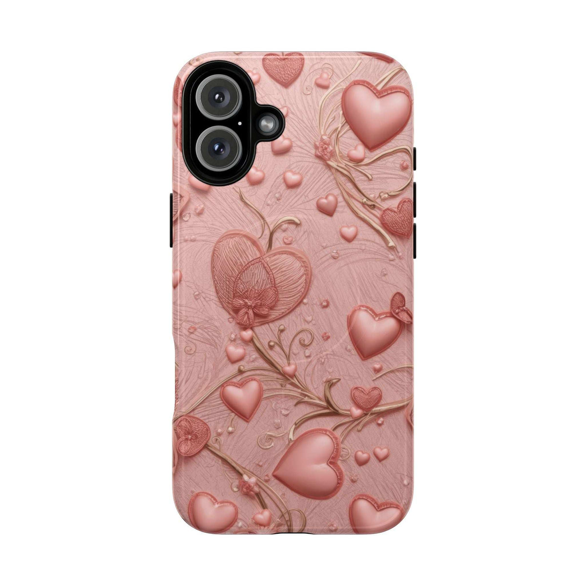 Pink phone case featuring raised hearts, swirls, and small heart accents; camera openings