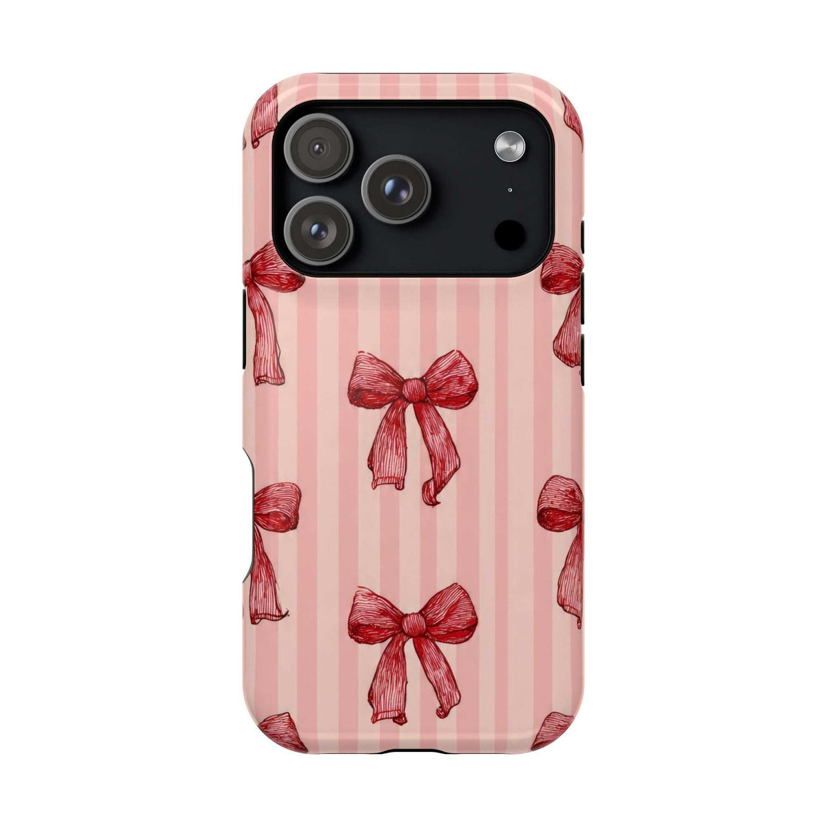 Pink phone case with red vertical stripes and bow pattern, back view with triple camera.