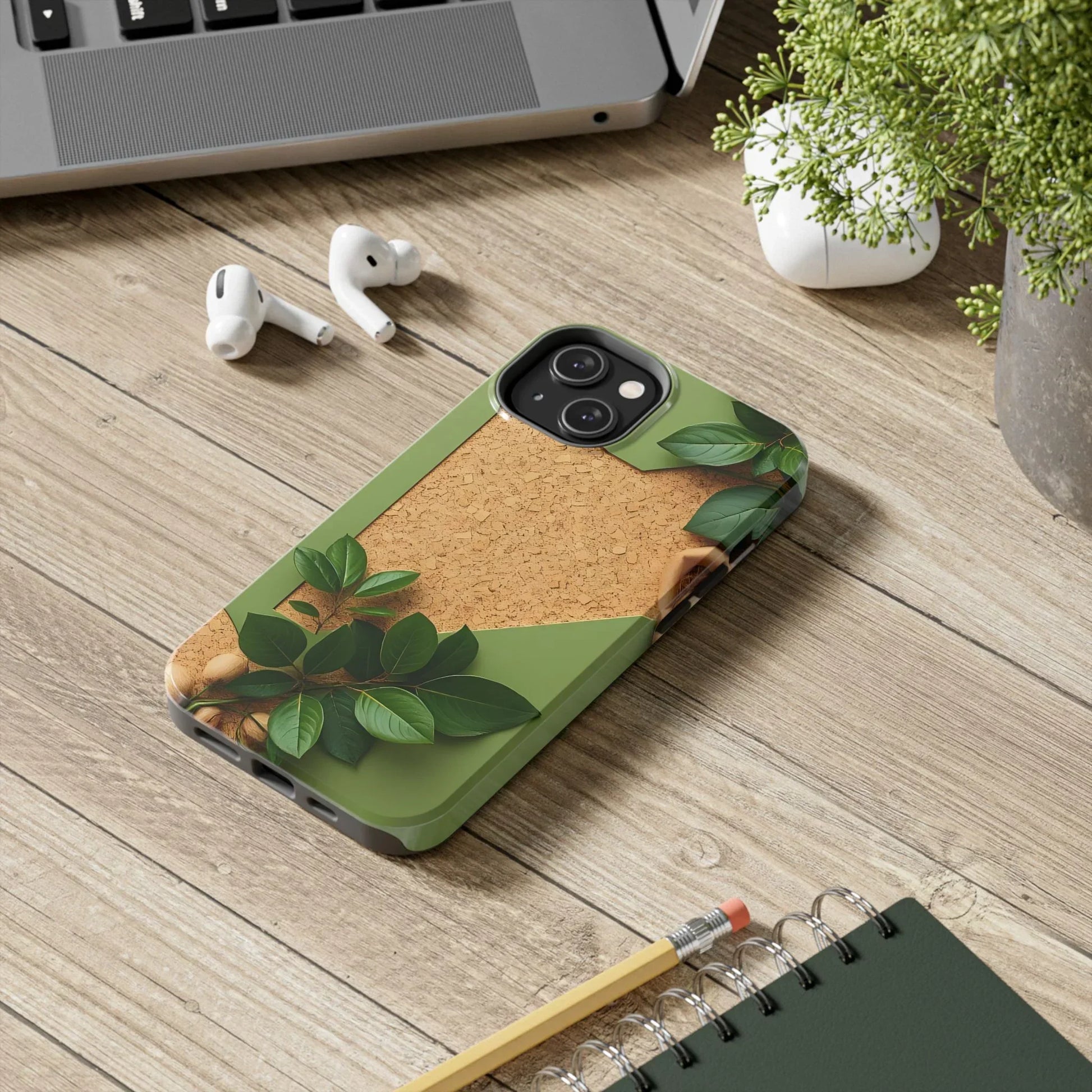 Eco-Inspired Tough Phone Case – Cork Texture with Leaf & Seed Design for iPhone 7-16 and Samsung Galaxy S21-S24 - KarArmDesign
