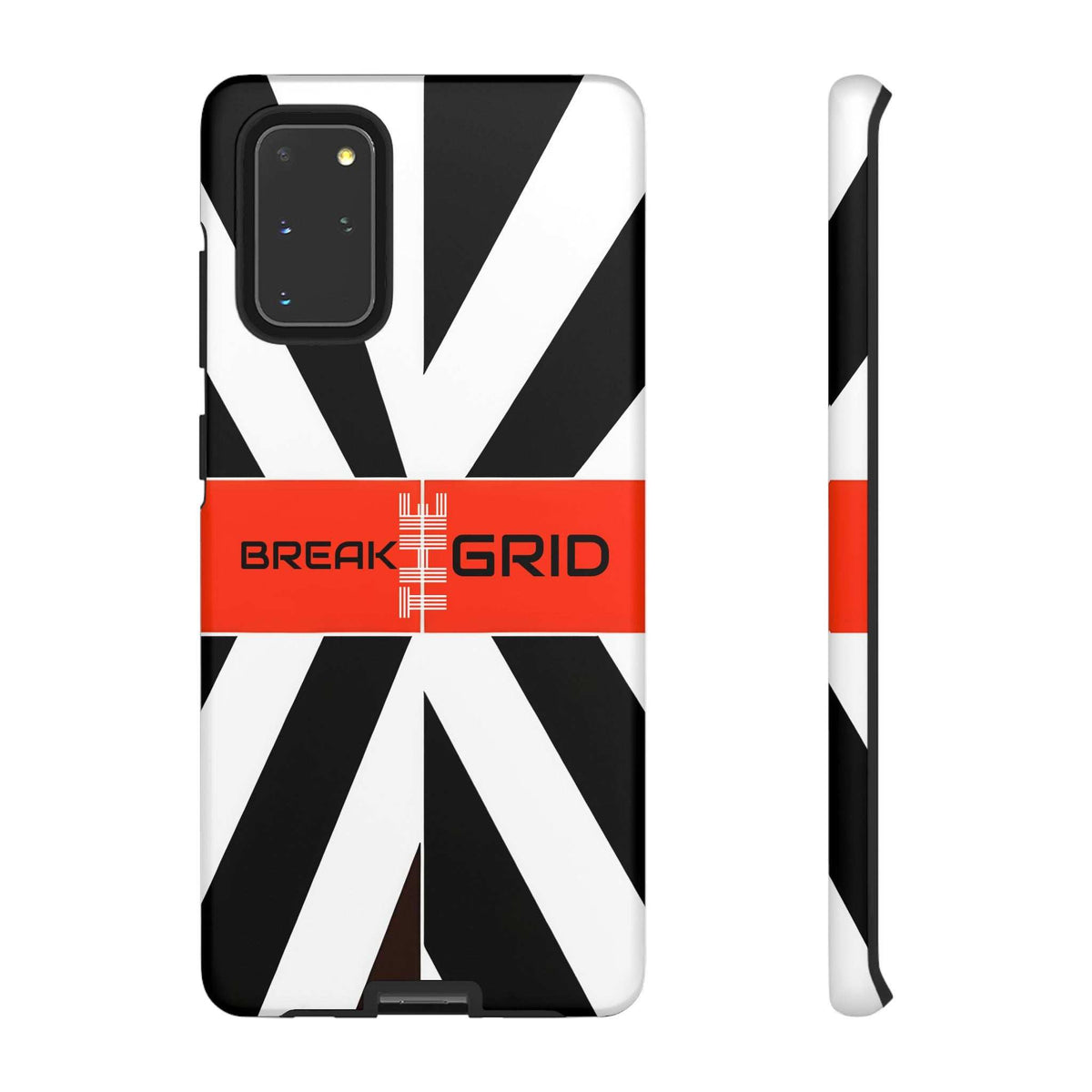 Phone case front with black-and-white starburst design and orange horizontal stripe