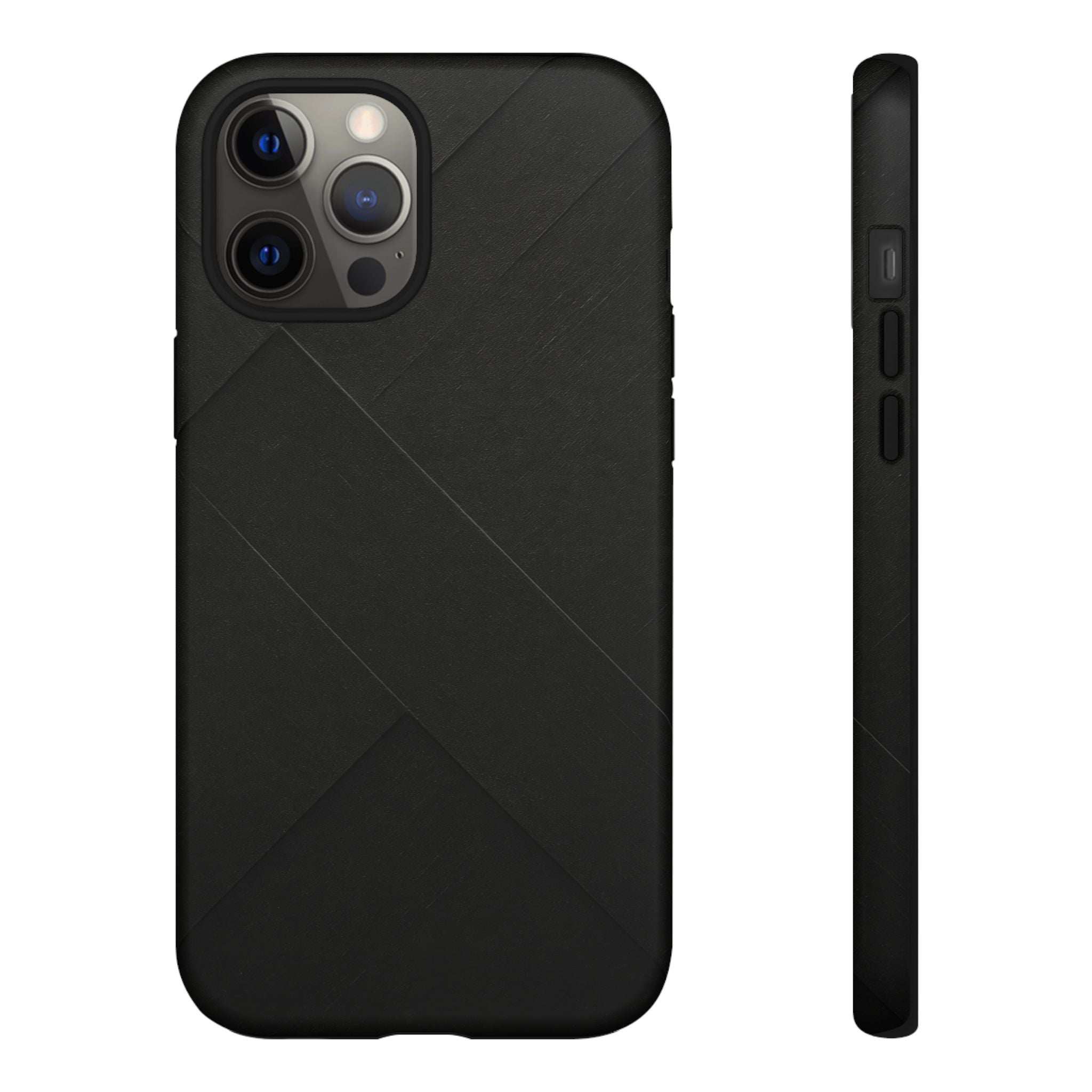 Matte black phone case with diagonal lines and side button openings