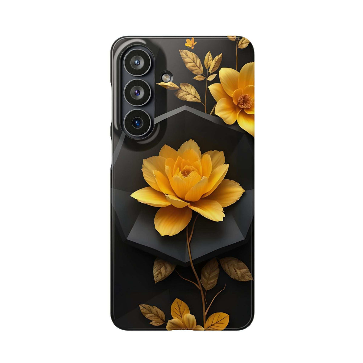 Phone case with yellow floral artwork and gold leaves on dark background; camera lens cutouts.