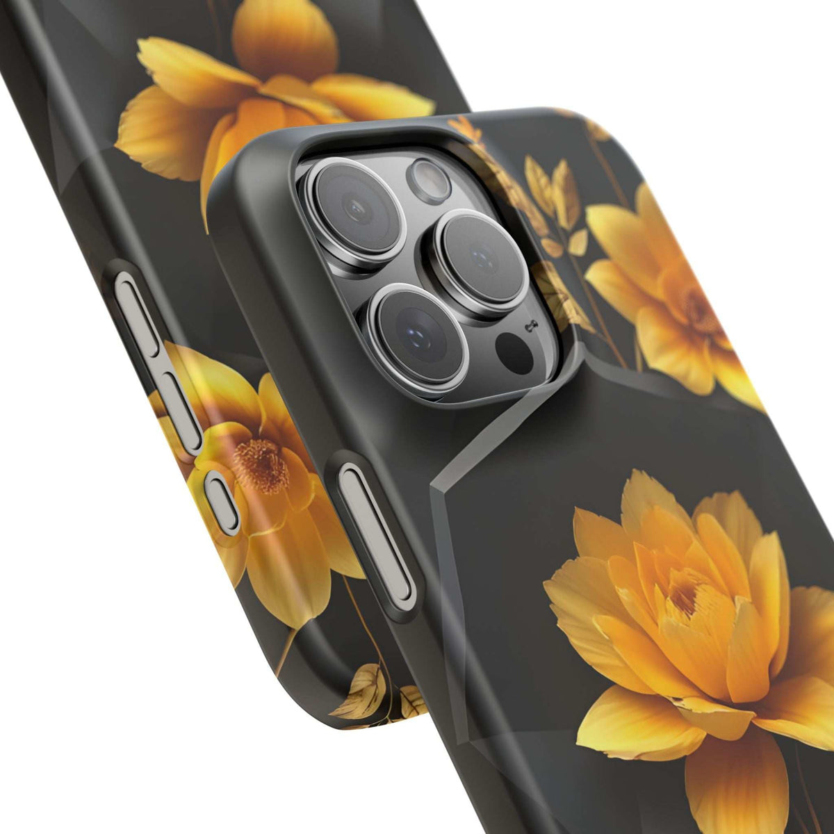 Yellow floral phone case featuring bright blooms over dark background and camera guard