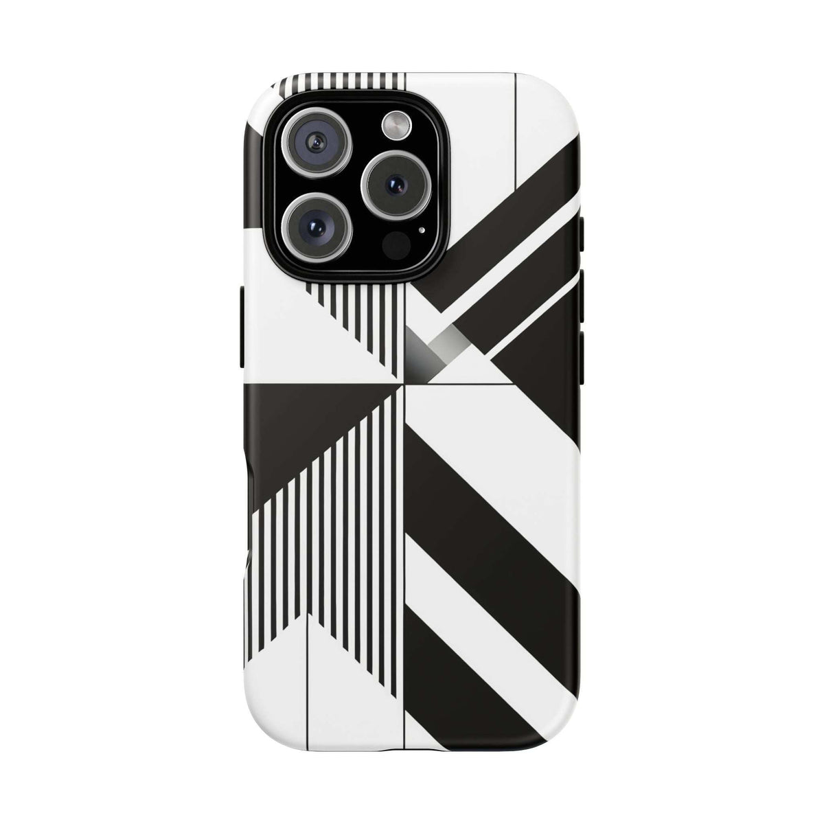 Tough phone case with black-and-white diagonal graphic and raised camera openings