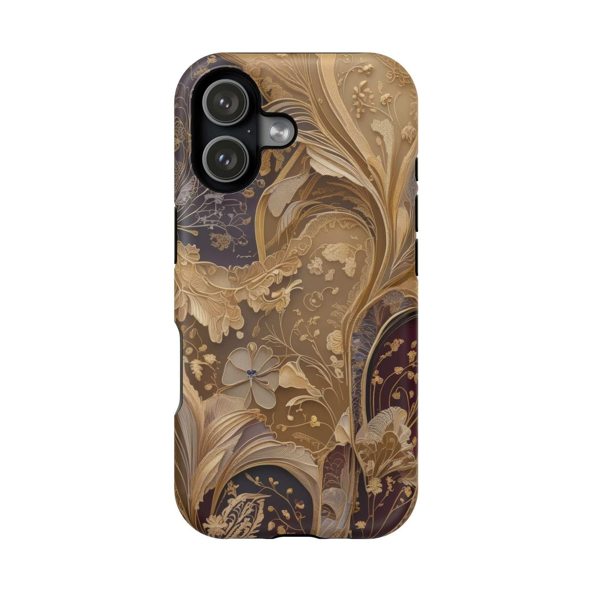 Botanical phone case with ornate gold floral pattern and dark brown accents, triple cutout
