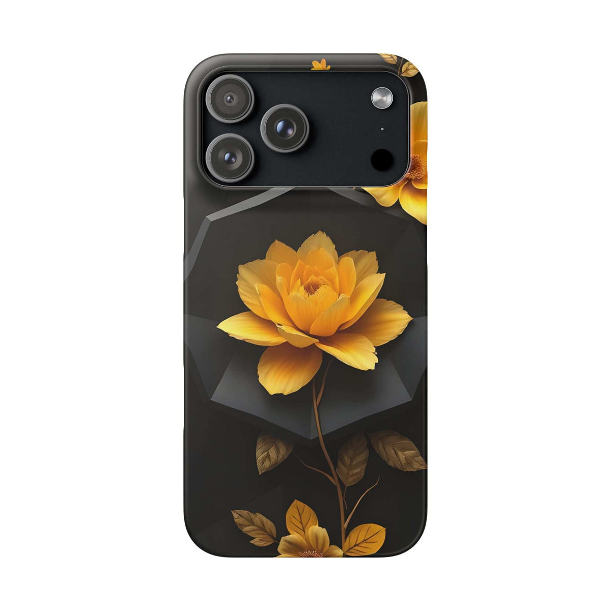 Black phone case with yellow flower artwork and leaf accents, camera module visible