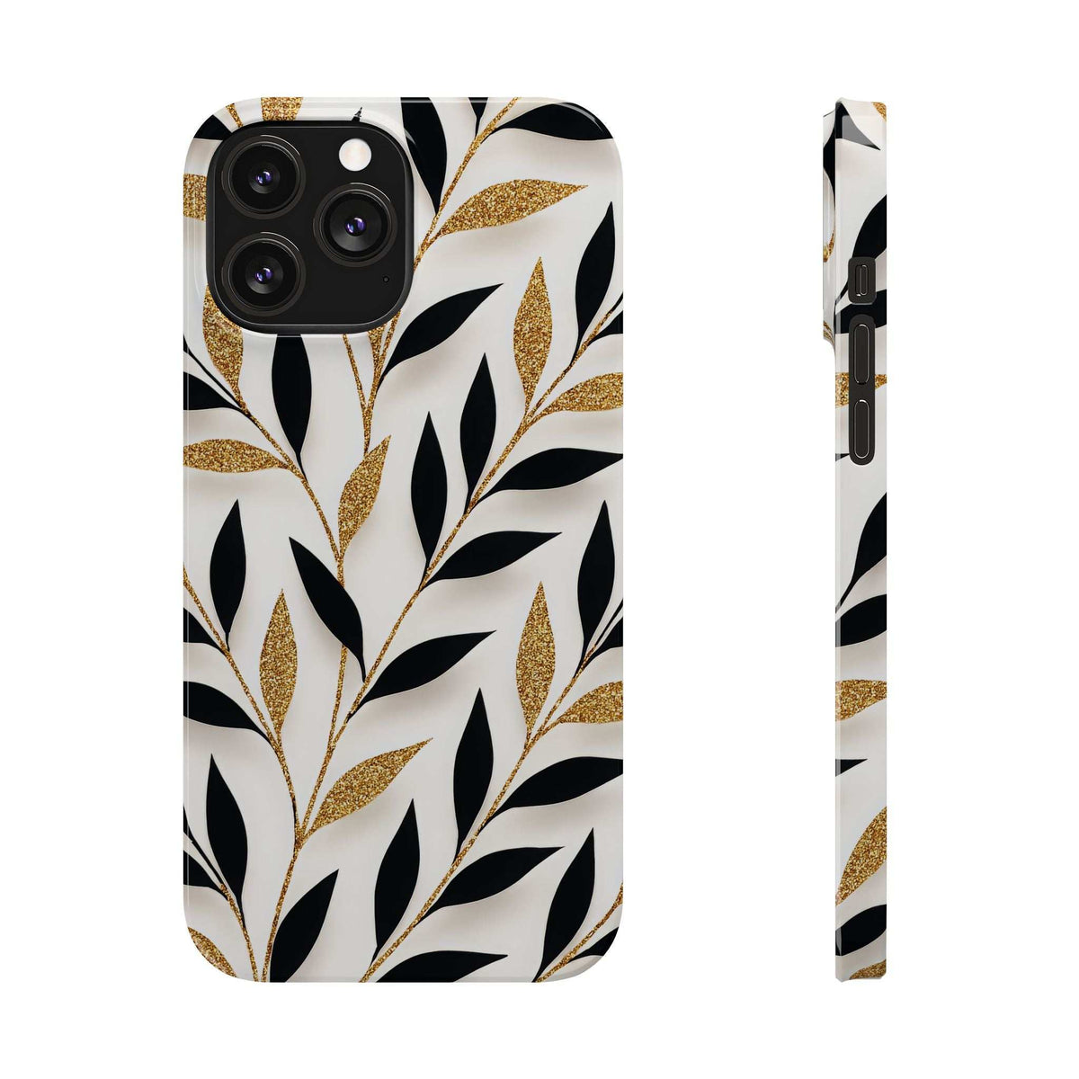 iPhone phone case with white, black leaves and gold glitter highlights; back view and slim side