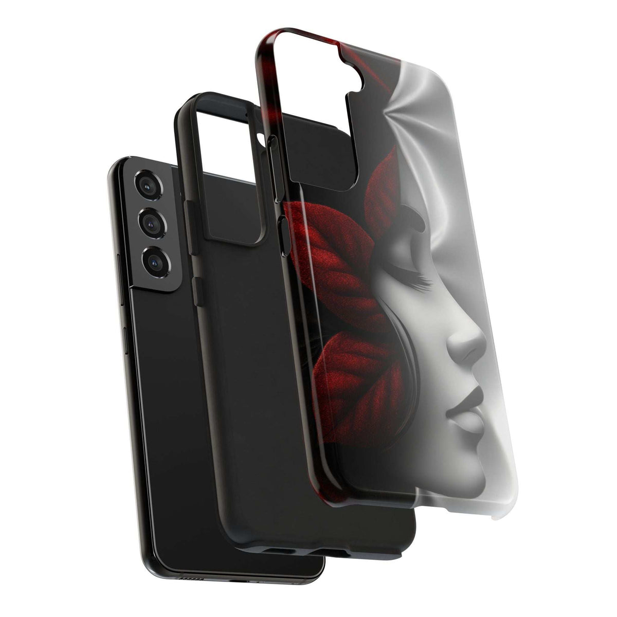 Transparent phone case with face art, raised camera and charging cutouts, for iPhone/Galaxy