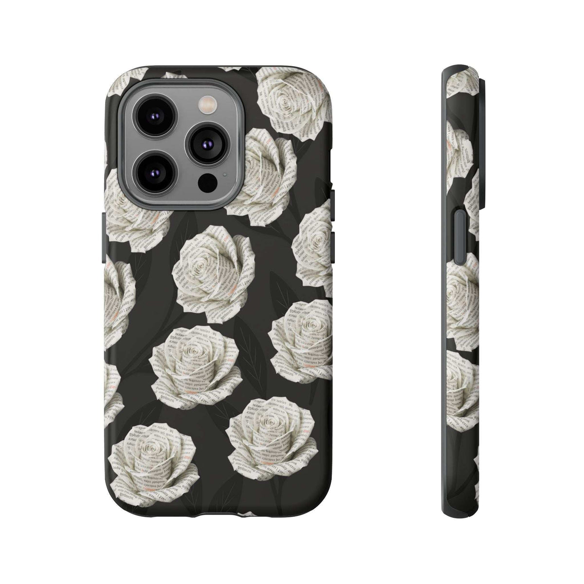 Black rose-print phone case with white flowers; camera module cutout and buttons