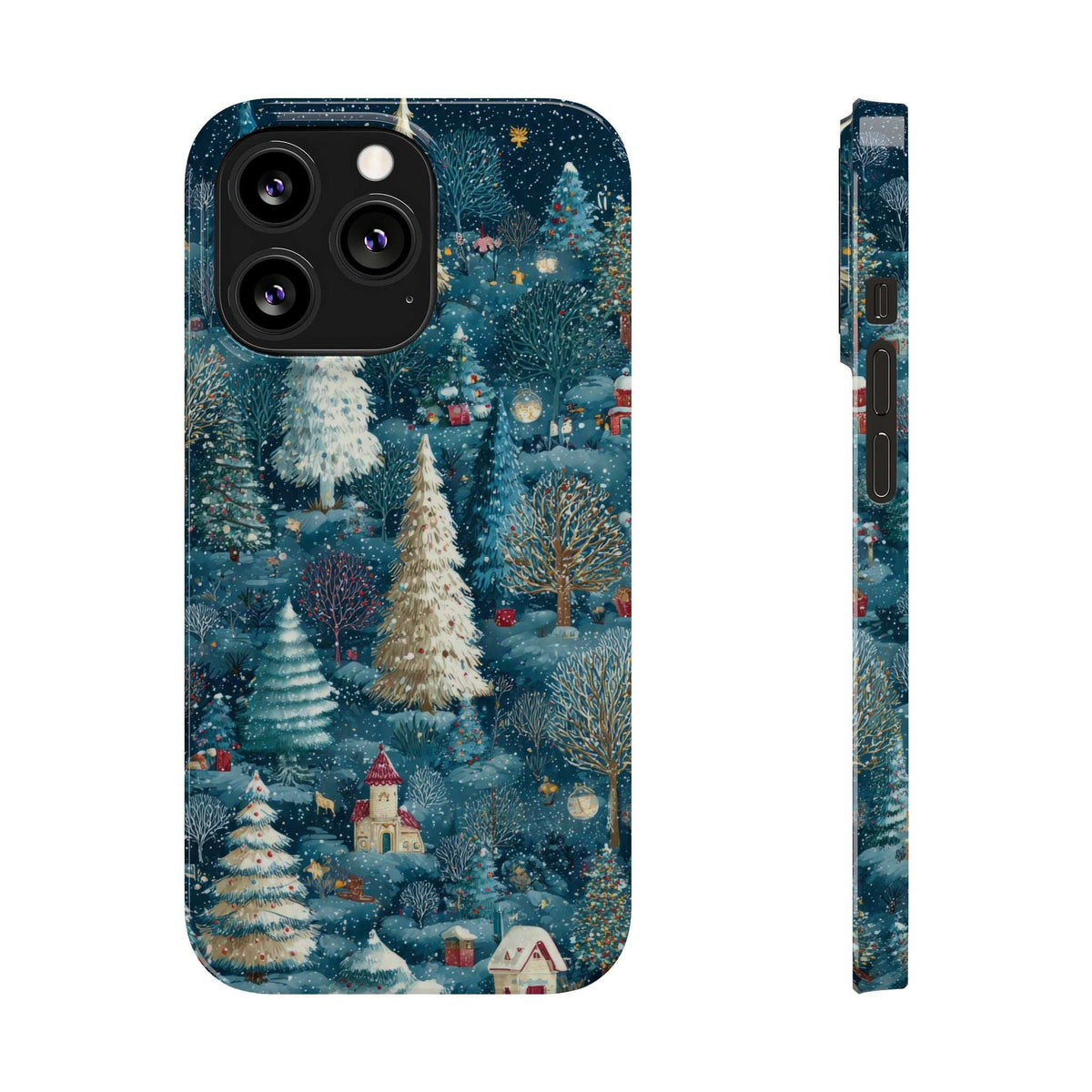Frosty forest phone case with snowy evergreens and village houses, rear and side.