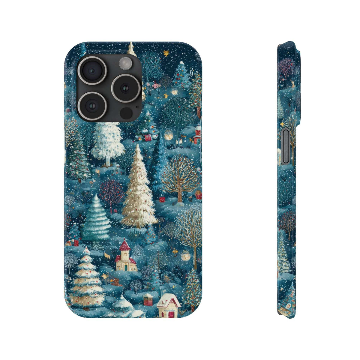 Frosty forest phone case with four-camera cutout and snowy cottage scene.