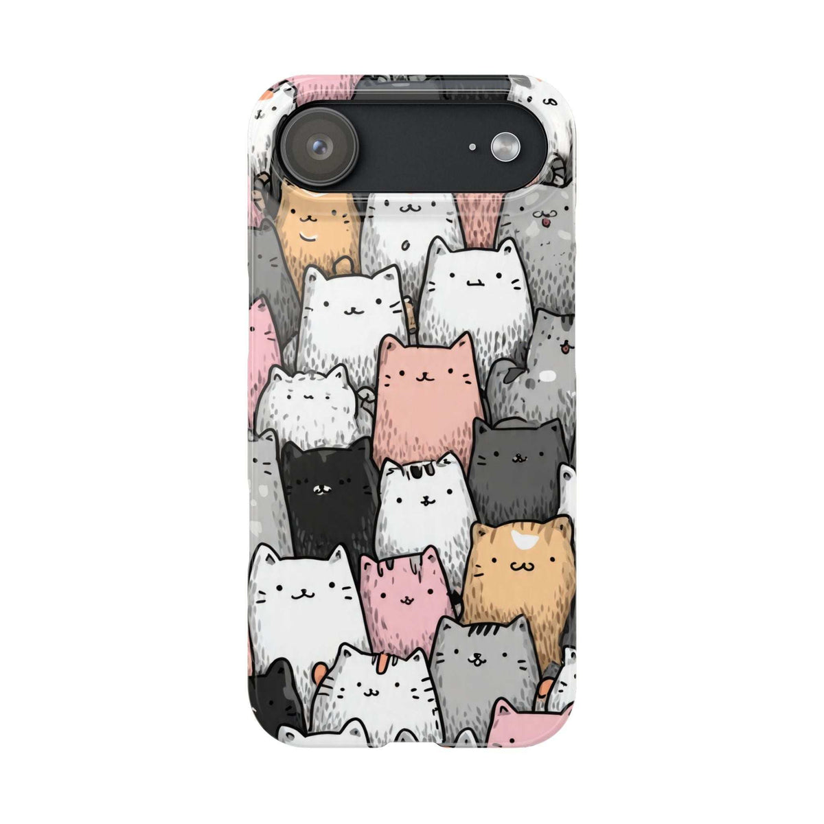 Cat-themed phone case with pink, white, and gray cat faces pattern, for iPhone 11–17.