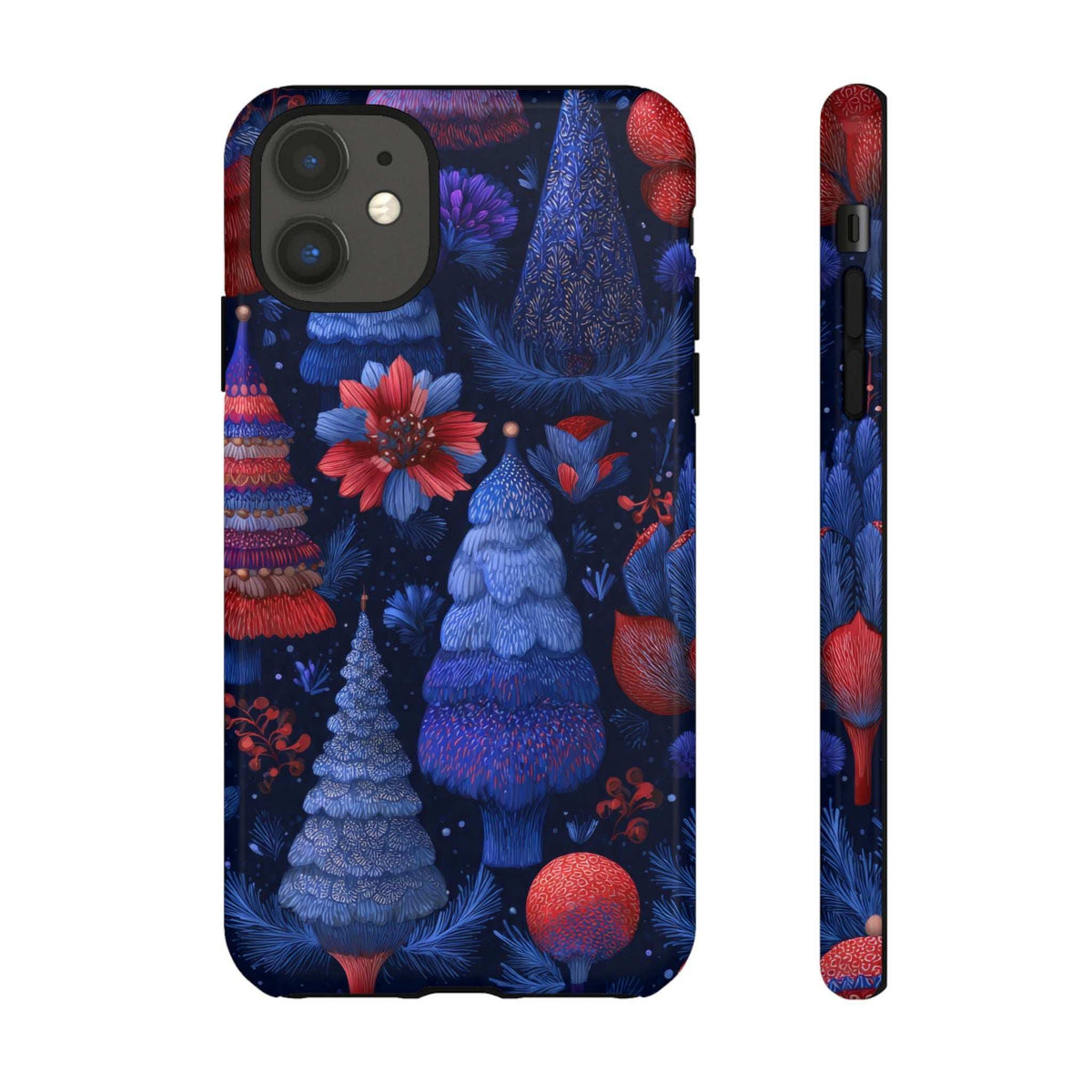 Glossy midnight blue phone case with Christmas forest trees and red holiday balls; front and side.