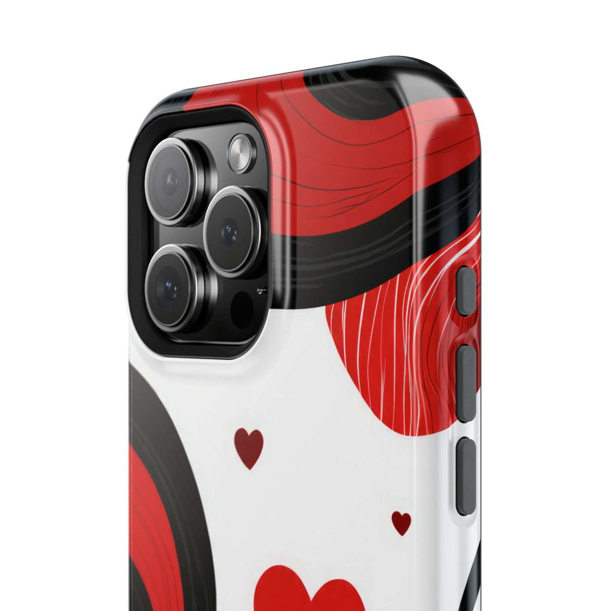 Heart-pattern phone case with glossy finish, red and black swirls on white background