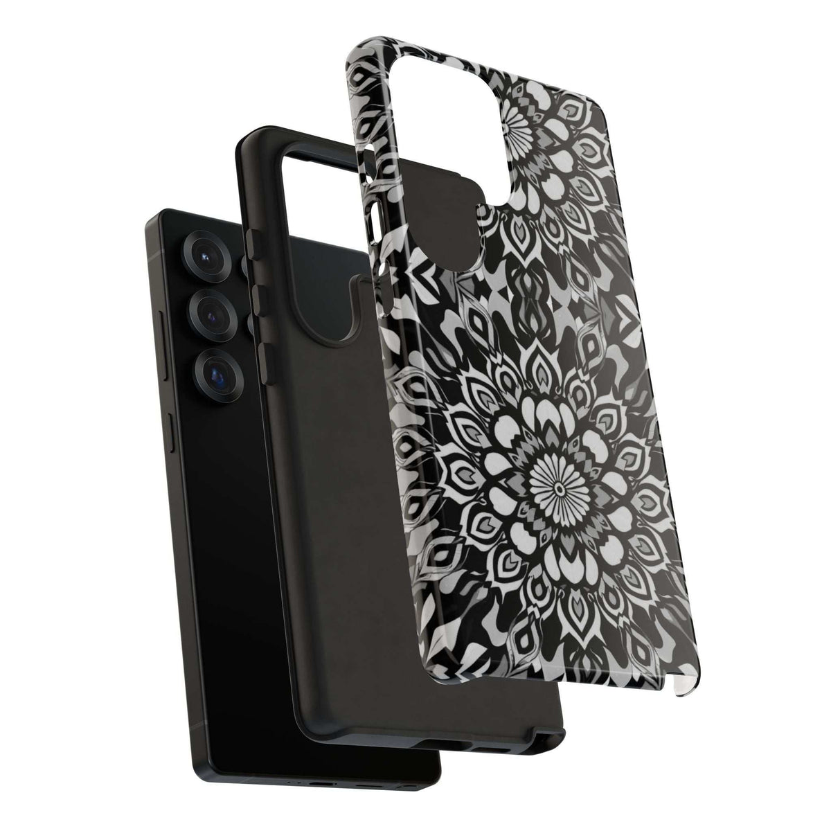 Mandala phone case with black-and-white floral pattern; protects phone corners and camera