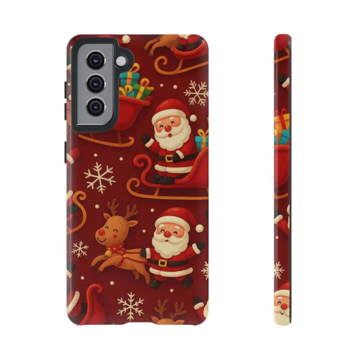 Glossy red Santa sleigh ride phone case with Santa, reindeer, and gift accents; side view.