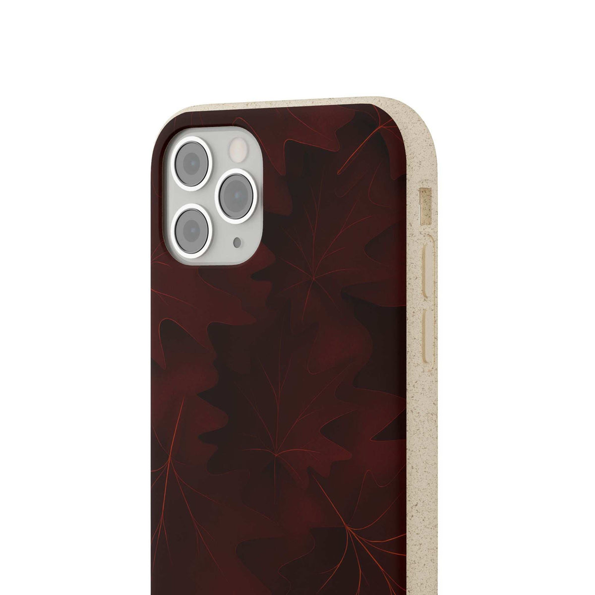 Maroon leaf-pattern phone case with light beige bumper and triple-camera cutout