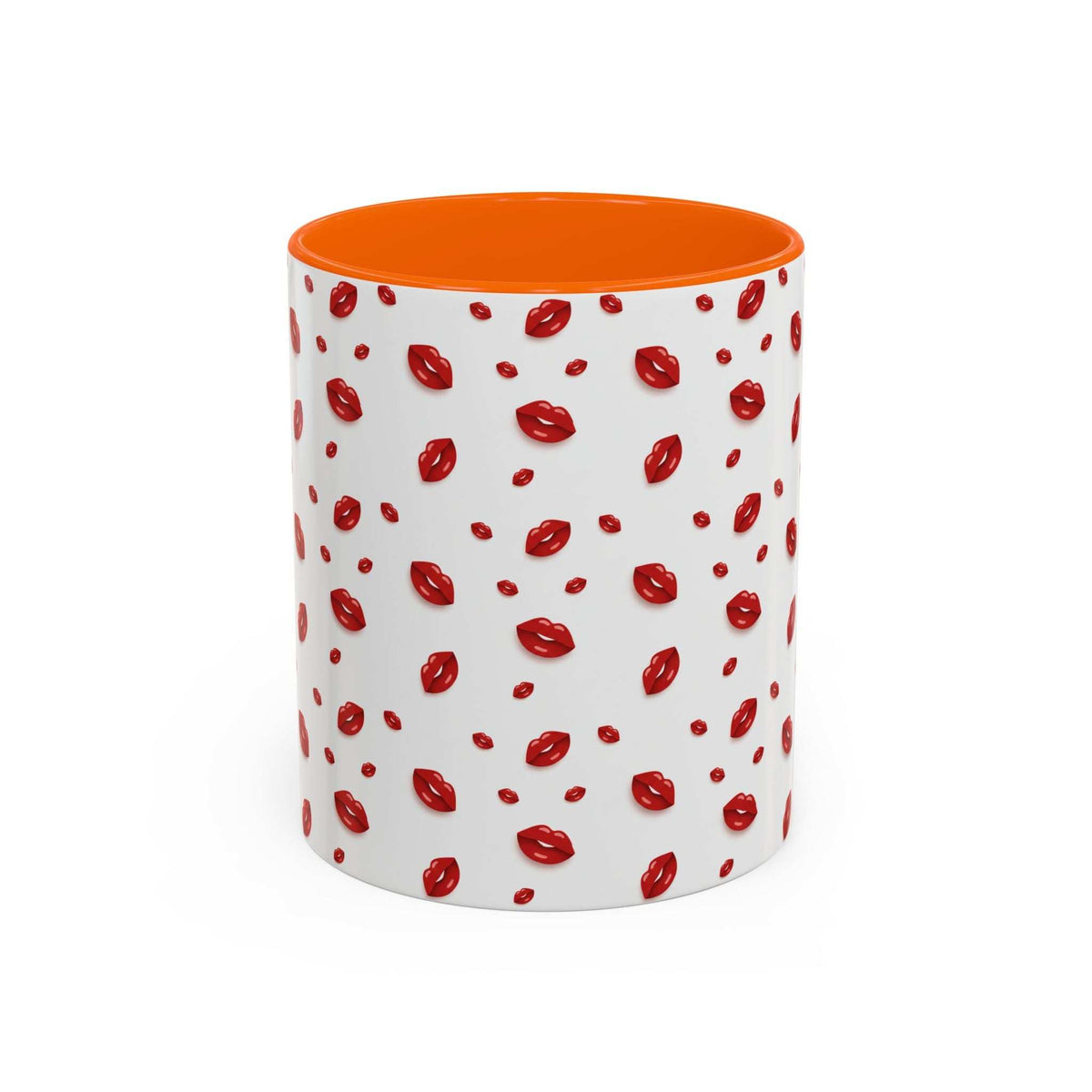 Ceramic coffee mug with red lips pattern and orange interior rim