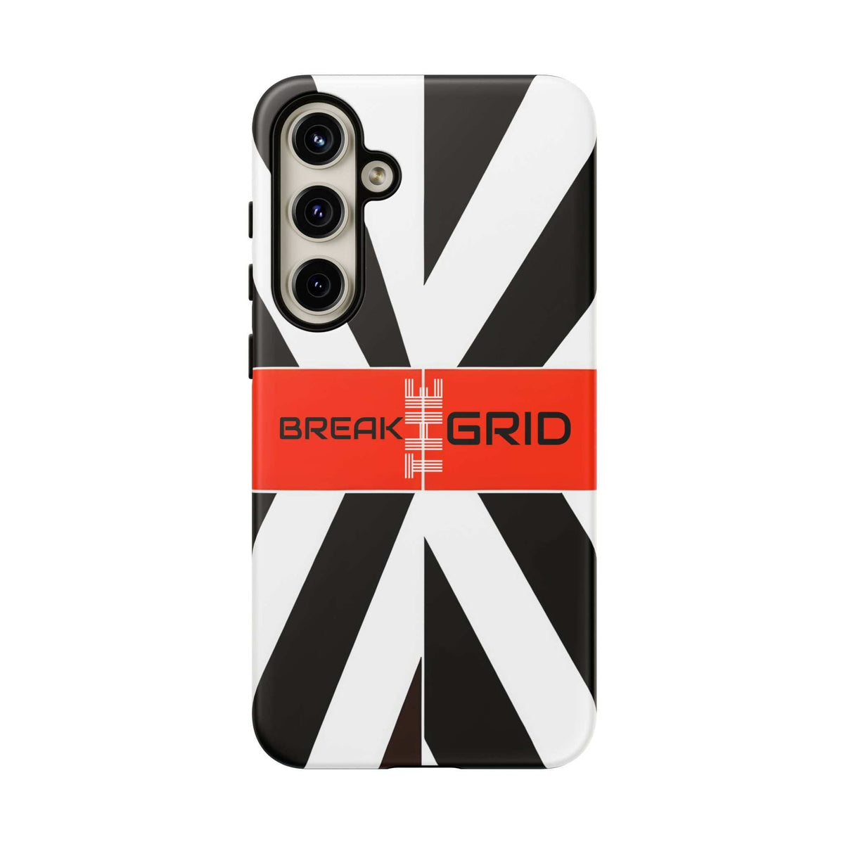 Phone case with black-and-white geometric rays and orange BREAK GRID band, slim side details