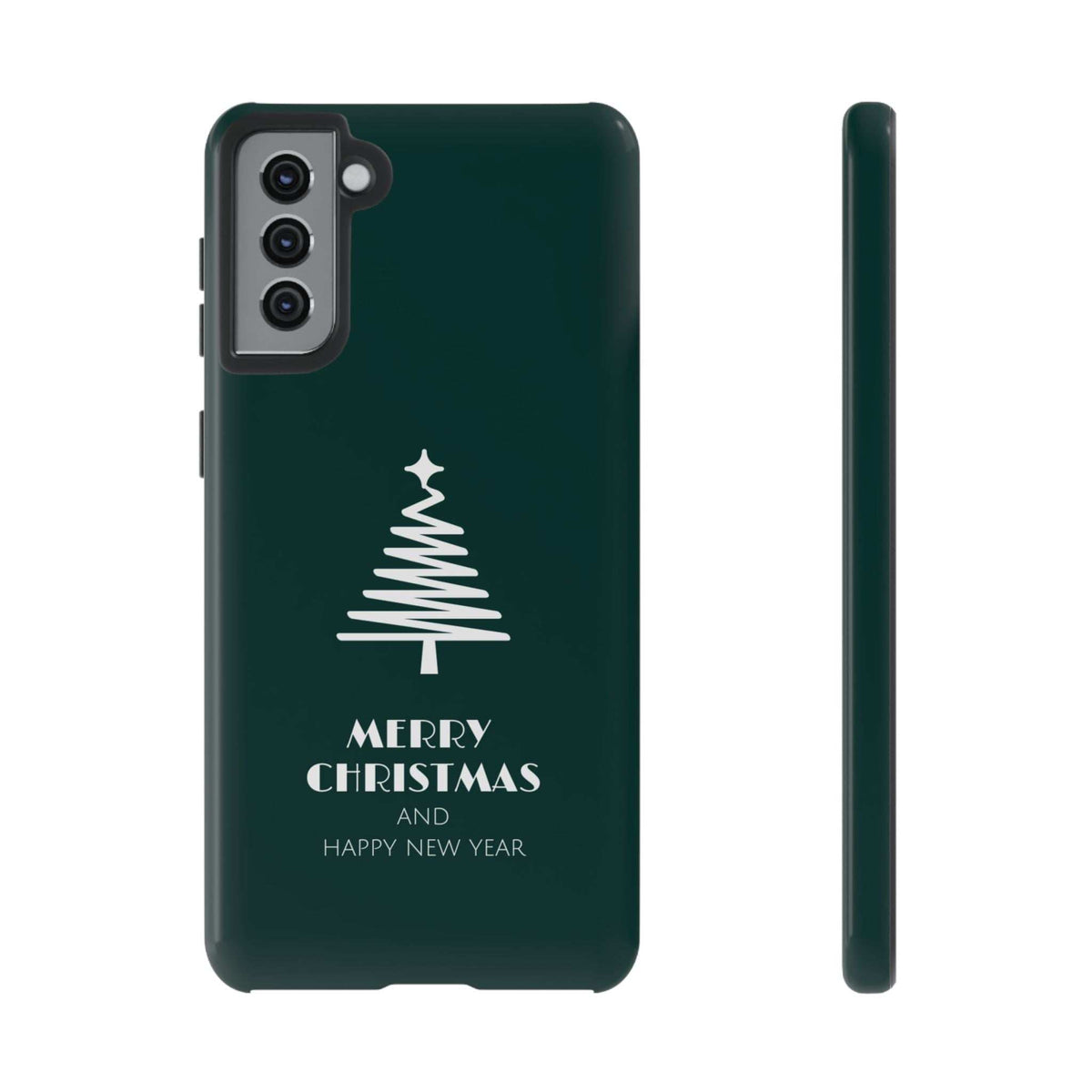 Dark green glossy phone case with Christmas tree and "Merry Christmas" text