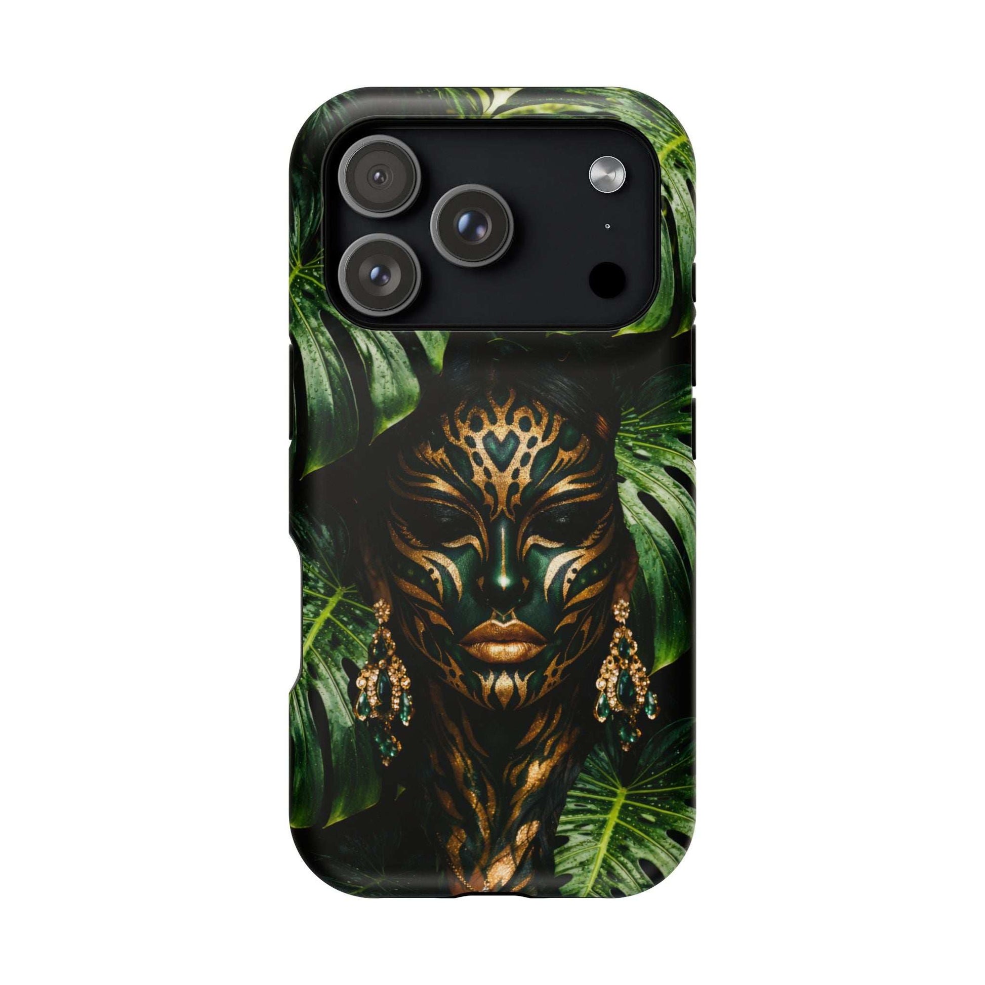 Phone case featuring jungle spirit face and tropical foliage, triple camera cutouts