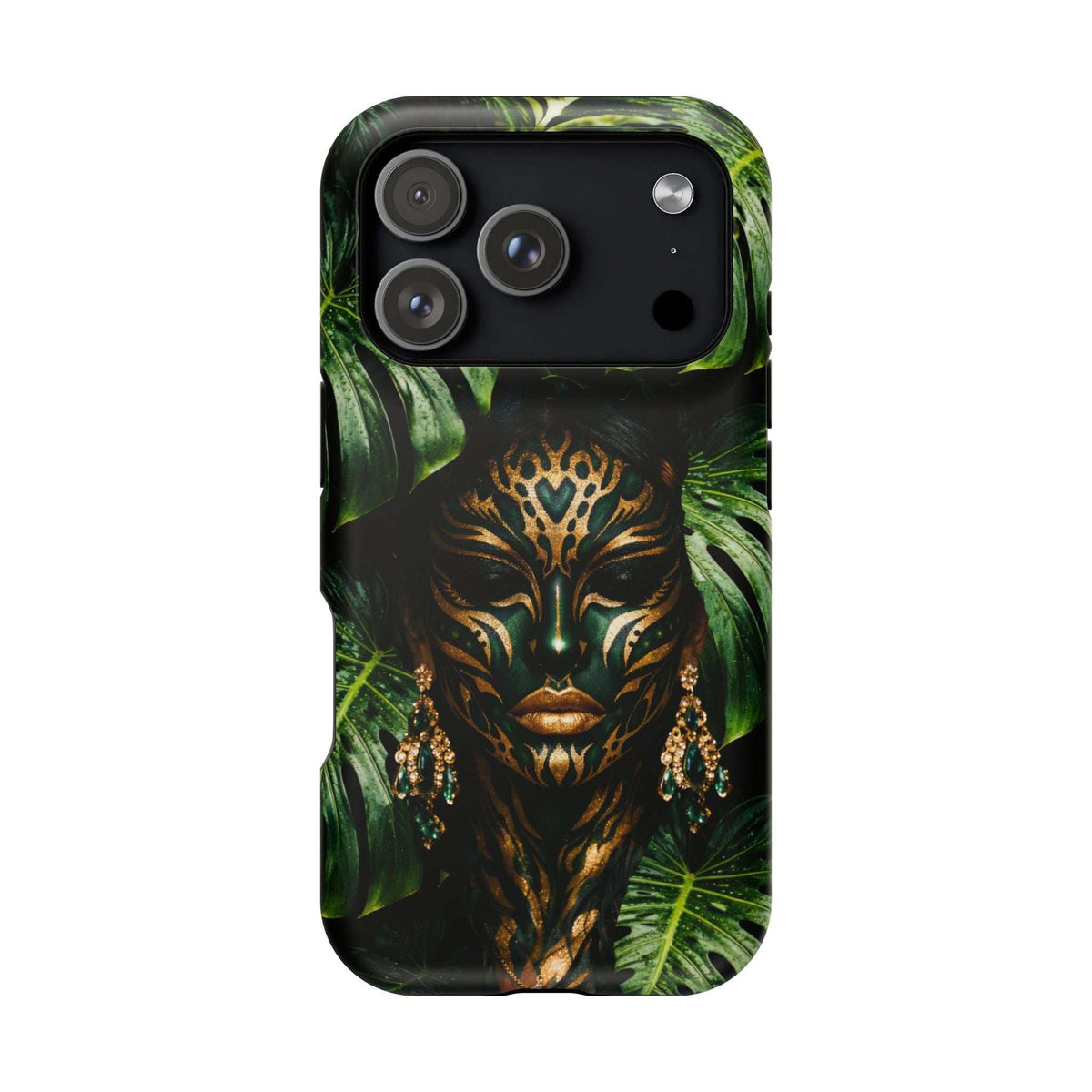 Phone case featuring jungle spirit face and tropical foliage, triple camera cutouts