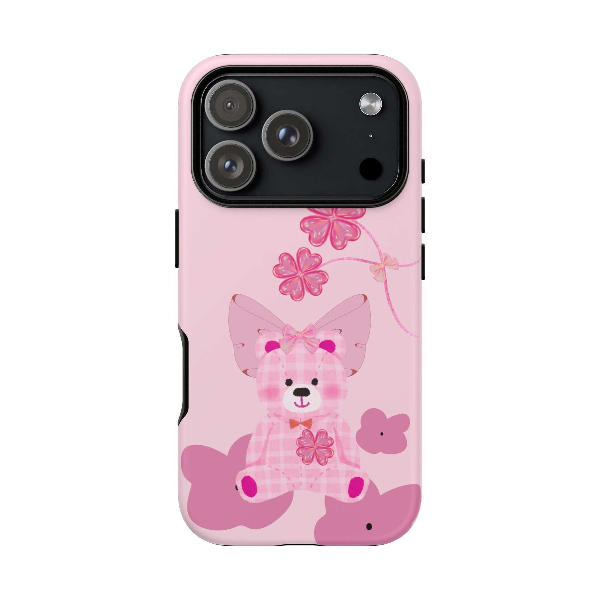 Light pink teddy bear phone case with bow and heart-flower accents, triple camera