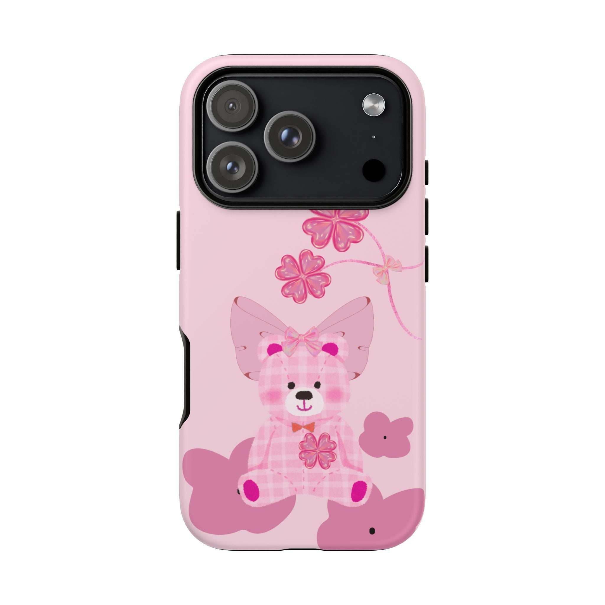 Light pink teddy bear phone case with bow and heart-flower accents, triple camera