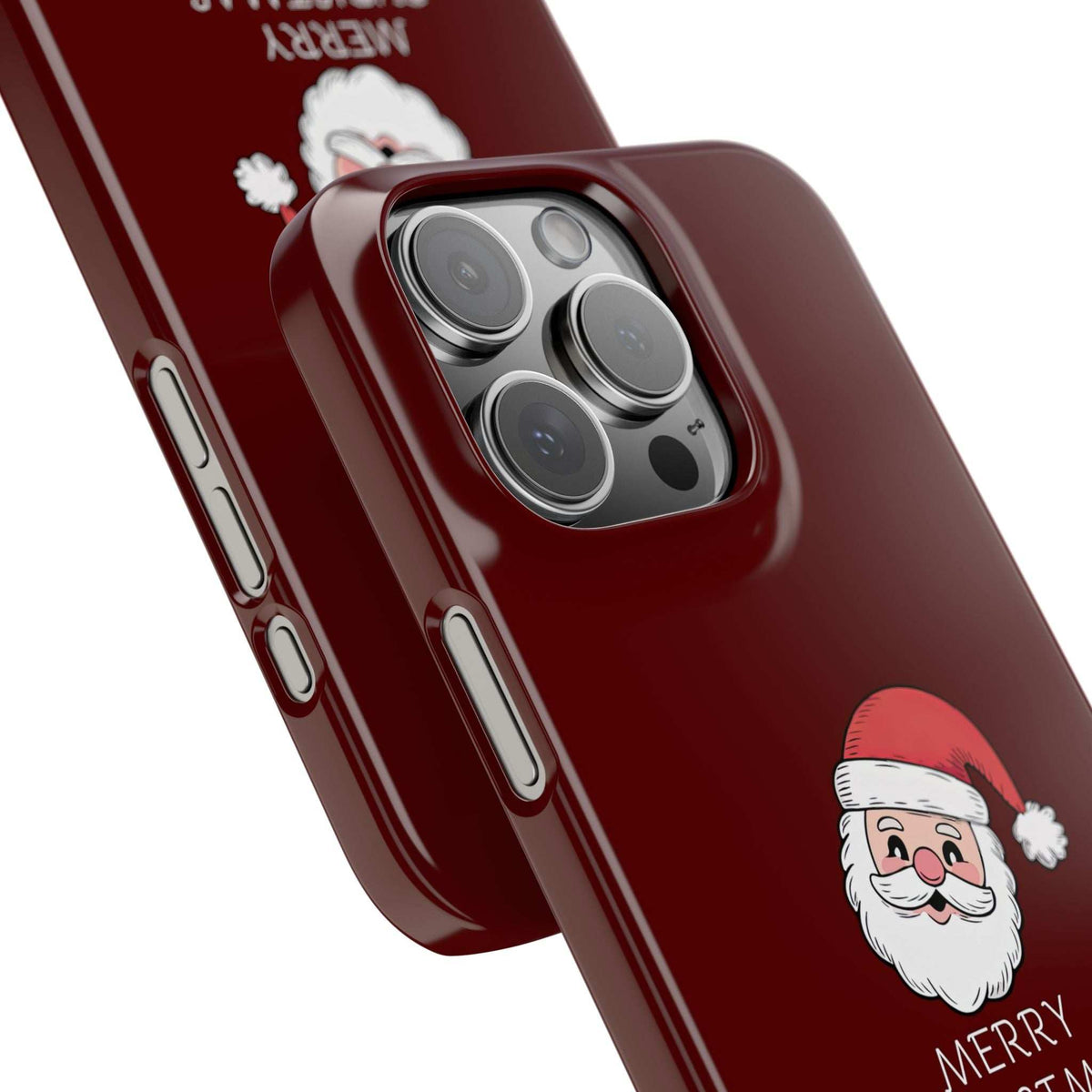 Close-up of maroon glossy phone case edge with button cutouts and Santa design
