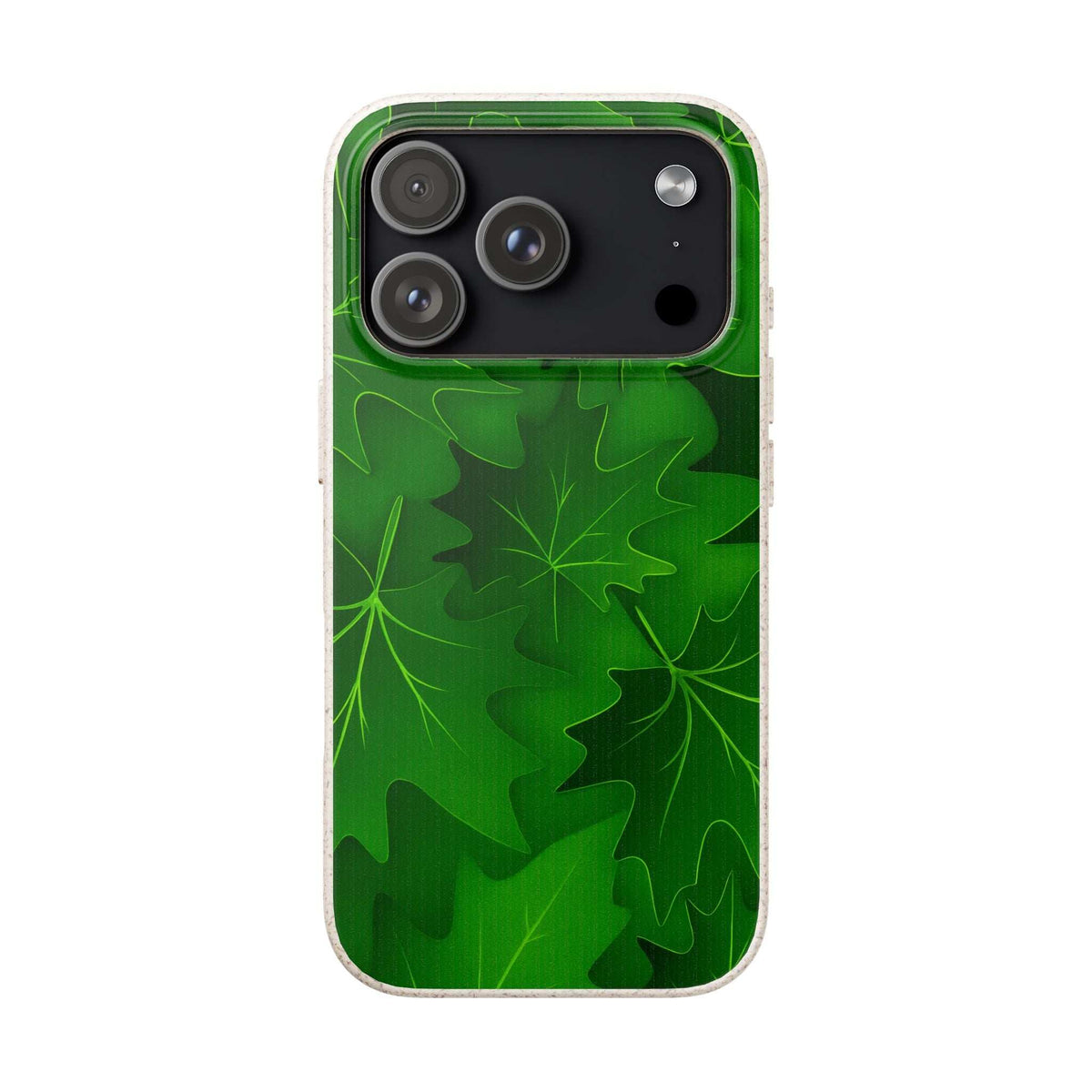 Green botanical leaf phone case with triple camera cutout and flash