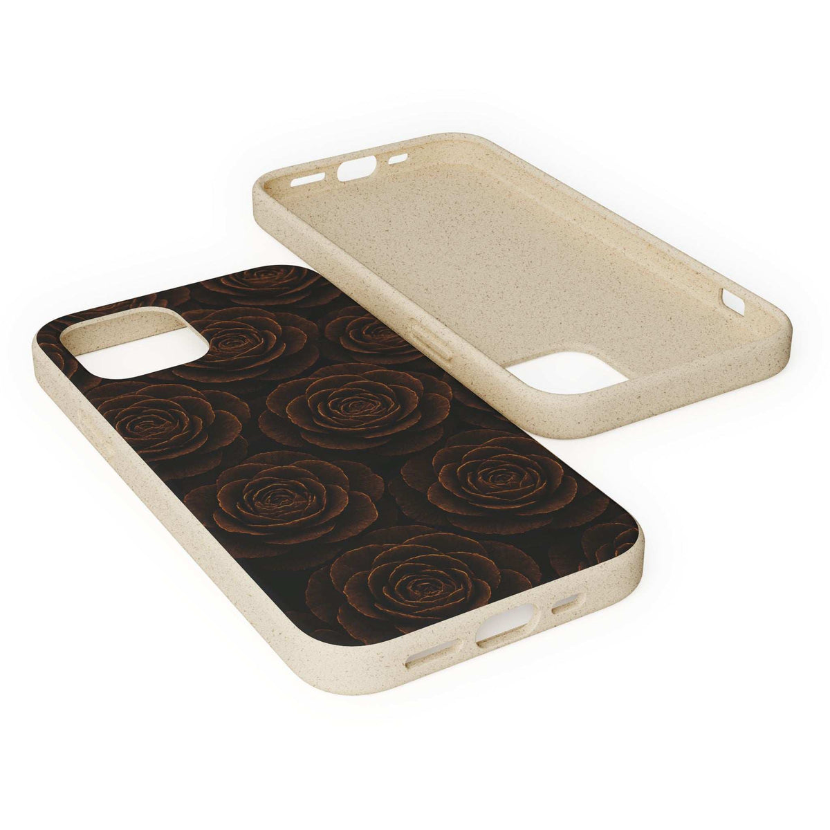 Wooden roses phone case, back and front edges visible; dark rose pattern on black