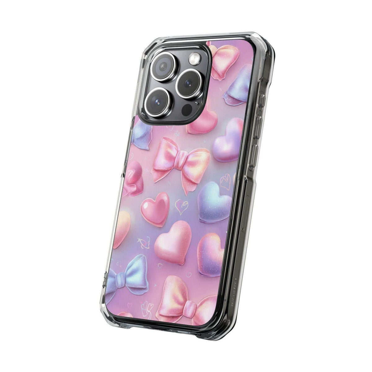 Pastel hearts and bows iPhone case, angled view of clear bumper and lens openings