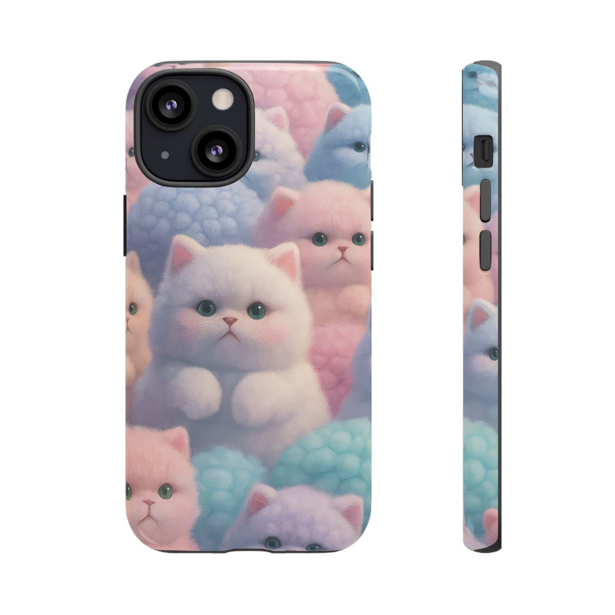 Glossy phone case with pastel kittens and blue fish scale pattern, side profile visible
