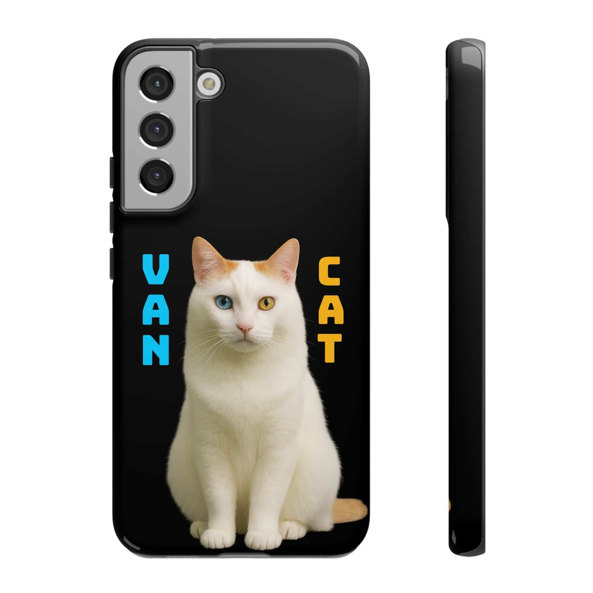Glossy black cat-themed phone case with vertical camera cluster cutout